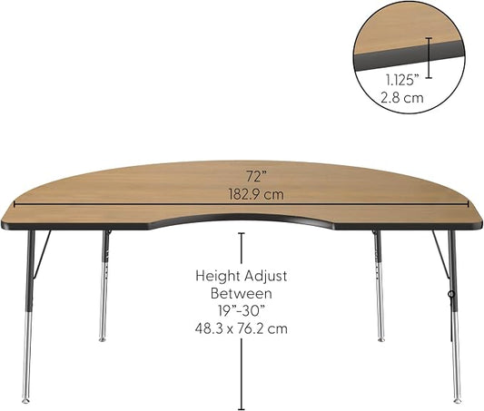 FDP Kidney (48 x 72 inch) Collaborative Classroom Table with Adjustable Standard Swivel Glide Legs (19-30 in); School and Office Furniture - Pasadena Oak Top/Black Edge and Legs