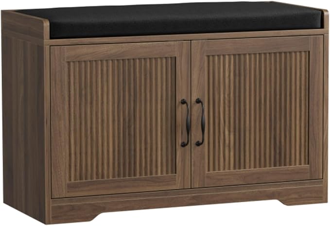 Entryway Shoe Storage Bench with Upholstered Seat, Double Door Cabinet, Adjustable Shelving, Slatted Front, Engineered Wood Organizer for Hallway, Foyer, Mudroom, Bedroom, Walk-In Closet (Walnut)