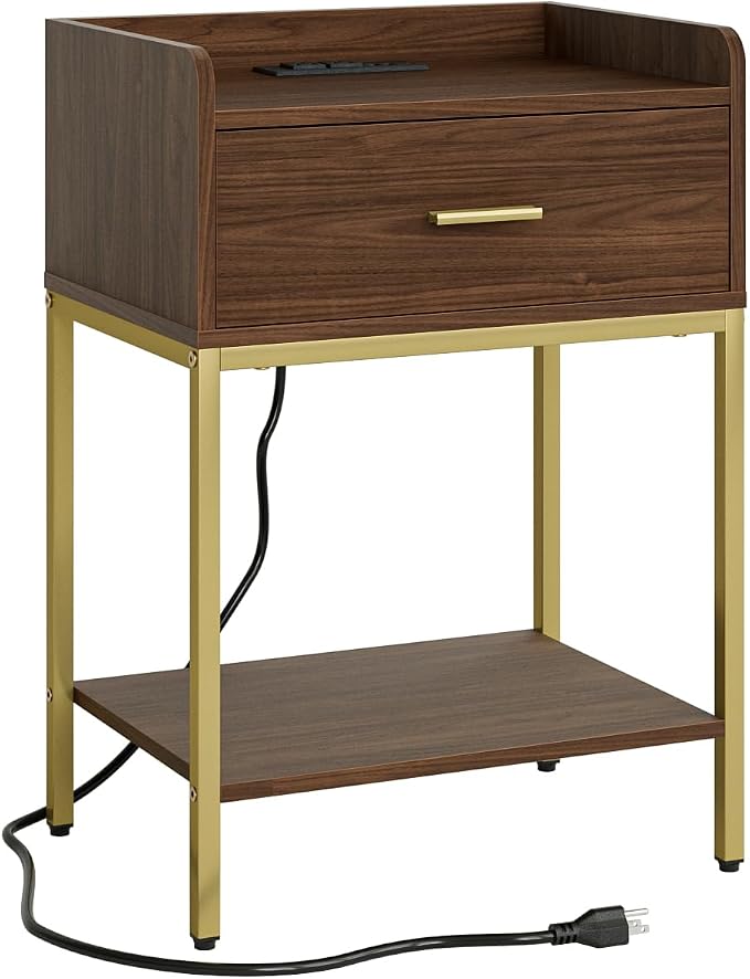 Masupu Nightstand with Charging Station, 3-Tier Modern Bedside Night Stand with Storage Drawer and Shelf, Small End Side Table for Bedroom, Living Room, Walnut