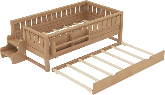 Bellemave Twin Kids Montessori Bed with Stairs, Bookshelf and Trundle, Solid Wood Kids Bed Frame with Storage for Boys Girls, Low Profile,Natural