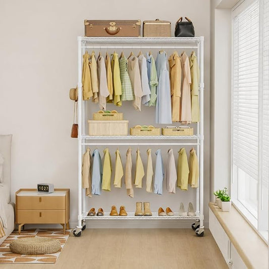 Simple Deluxe Rolling Clothes Rack, Heavy Duty Clothing Rack, 3-Shelf Portable Adjustable Wardrobe Closet with Wheels, Hanging Rods & Side Hooks, 43.3" W x 17.7" D x 80.3" H, White