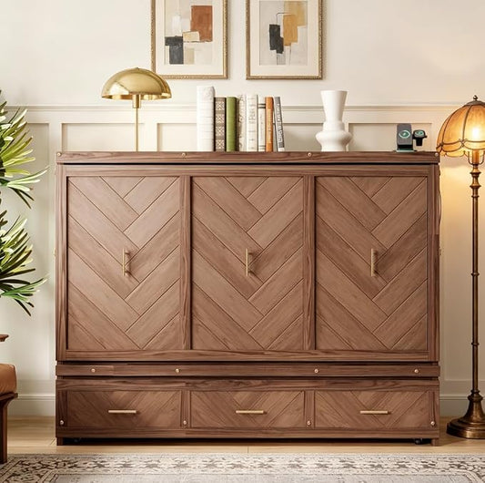 Bellemave Queen Size Murphy Bed with Charging Station and Storage, Farmhouse Murphy Bed with Foldable Panel for Guest Bedroom, Living Room, Office, Light Walnut