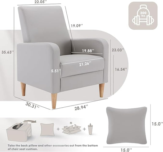 COLAMY Mid-Century Modern Upholstered Accent Chair with Back Pillow & Solid Wood Legs, Leather Cozy Armchair for Living Room, Bedroom, Reading Nook, Apartment & Small Spaces, Lightgrey
