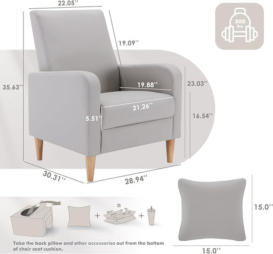 COLAMY Mid-Century Modern Upholstered Accent Chair with Back Pillow & Solid Wood Legs, Leather Cozy Armchair for Living Room, Bedroom, Reading Nook, Apartment & Small Spaces, Lightgrey