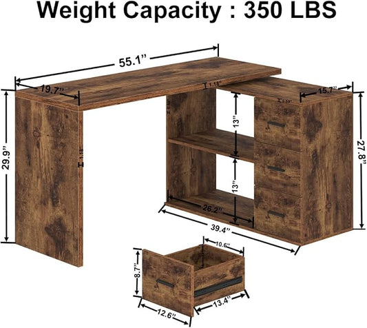 HSH L Shape Home Office Desk with Drawers, L-Shaped Computer Desk with Storage Cabinet Shelves, Wood Executive Desk for Writing Work, Reversible Study Table in Bedroom Living Room, Rustic Brown, 55 In