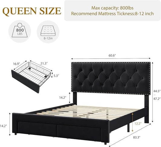 GarveeHome Queen Size Bed Frame with Storage Drawers — Velvet Upholstered Platform Bed with Vintage Headboard, Wooden Slat Support, Noise-Free, No Box Spring Needed, Black