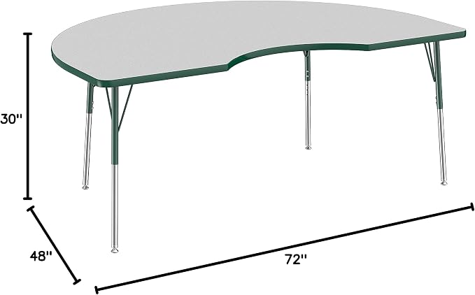 FDP Kidney Activity School and Office Table (48 x 72 inch), Standard Legs with Swivel Glides for Collaborative Seating Environments, Adjustable Height 19-30 inches - Gray Top and Green Edge
