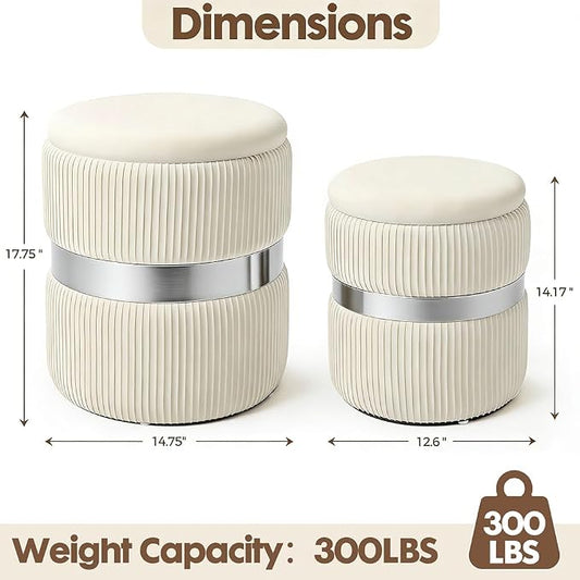 Round Storage Ottoman Set of 2 Vanity Stool for Living Room, Space-Saving Coffee Table with Hidden Compartment, Sturdy Seating for Small Apartments & Bedroom, Assembly Free White