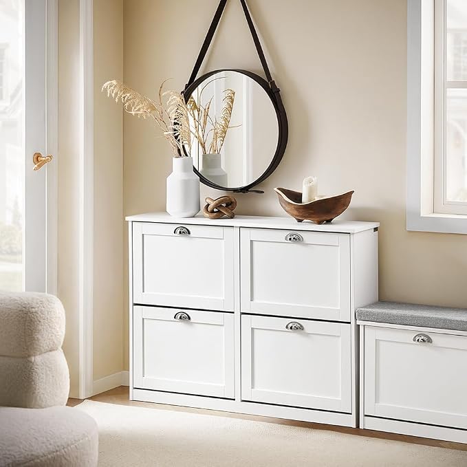 Haotian White Shoe Cabinet with 4 Flip Drawers, Large Freestanding Shoe Rack, Modern Shoe Organizer for Entryway, Hallway, Entance FSR196-W