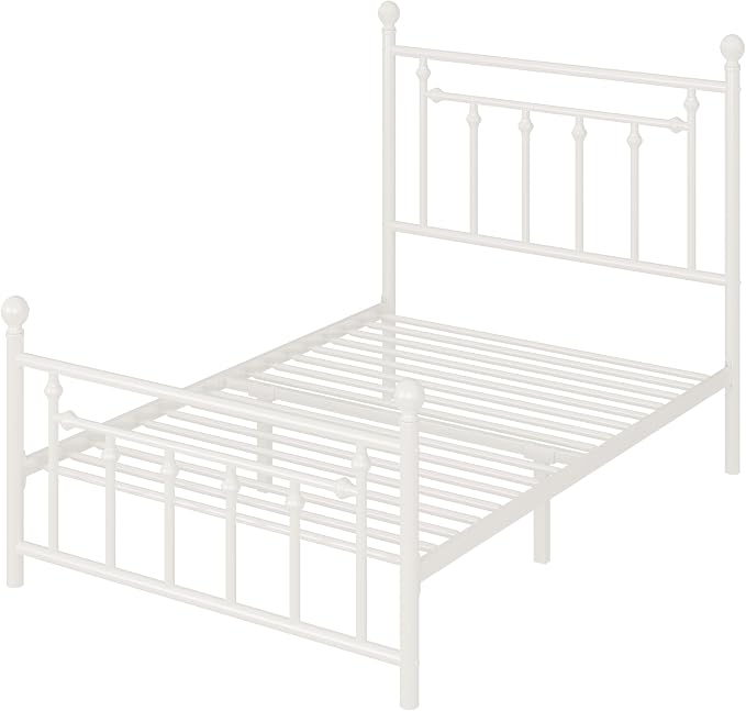 Allewie 14 Inch Twin Size Metal Platform Bed Frame with Victorian Vintage Headboard and Footboard/Mattress Foundation/Under Bed Storage/No Box Spring Needed/Easy Assembly/Noise Free/White
