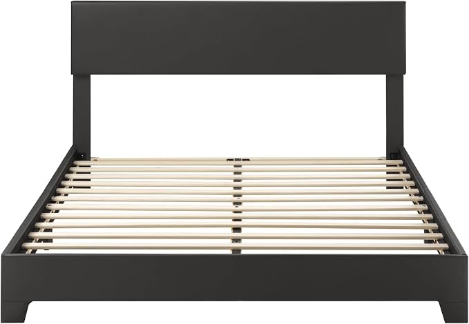 SHA CERLIN PU Leather Upholstered Full Size Bed Frame with Headboard, Black | Adjustable Low-Profile Platform Bed, Minimalist Design, Stable Mattress Foundation, Strong Back-Support, No Box Spring Needed