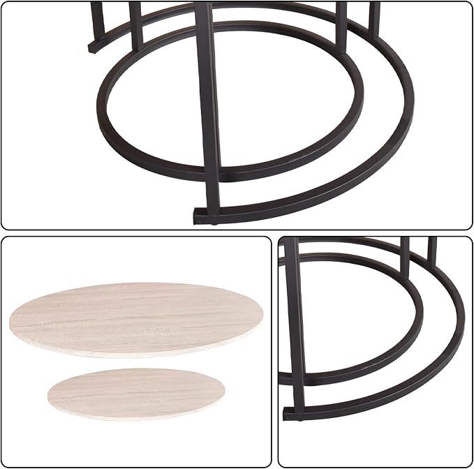 HOMERECOMMEND Round Coffee Tables Nesting Side Set of 2 End Tables for Living Room,Round Table with Solid Powder-Coated Metal Frame Natural Wood Color