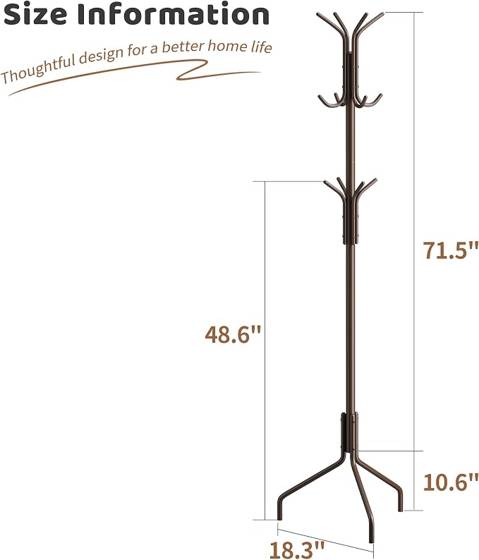 Coat Rack Freestanding Coat Tree Standing Coat and Hat Hanger Jacket Organizer Rack Metal,18.3" L x 18.3" W x 71.5" H, Brown