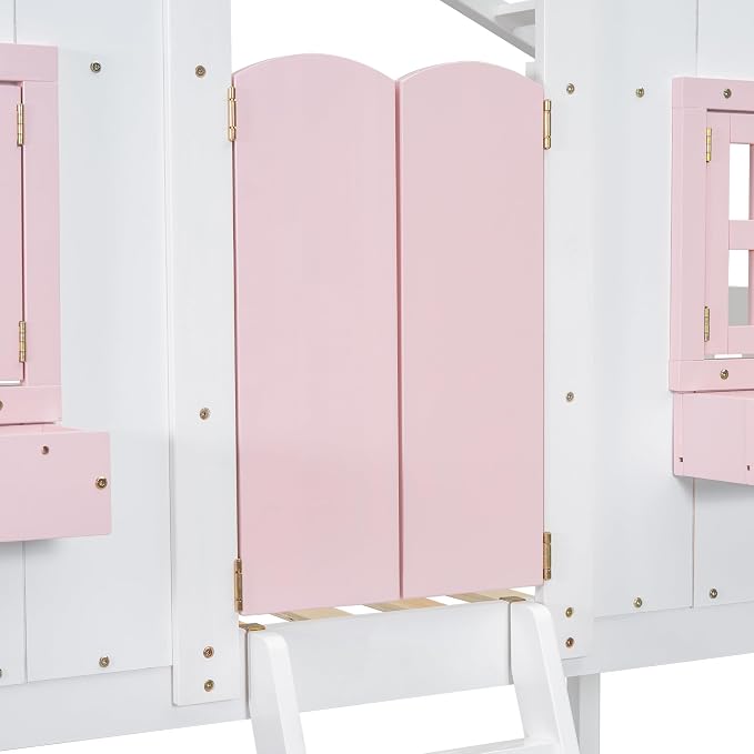 Twin over Twin House Bunk Bed with Roof,Windows,Door,Window Boxes,Safety Guardrails & Ladder,Pine Wood Frame,Low-Height Kids Bunk Beds for Bedrooms,Playful Loft Bed with Easy Assembly, Pink+White