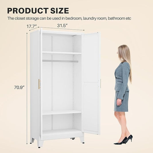 winiowa Metal Armoire Wardrobe Closet with 2 Mirror Doors, 71" Wardrobe Cabinet with Adjustable Shelves and Hanging Rod, Clothing Storage Cabinet Closet with Mirror for Bedroom-White