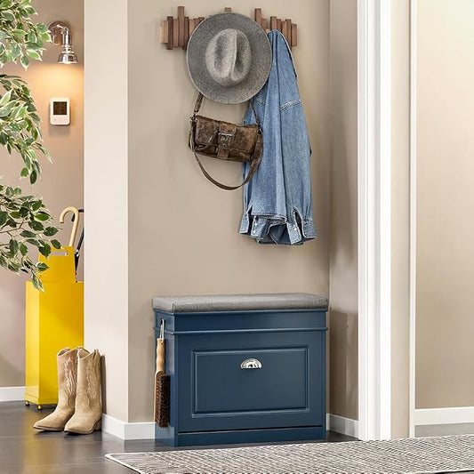 Haotian Small Shoe Storage Bench, Narrow Shoe Cabinet Entryway with 1 Flip-Drawer and Seat Cushion, Mini Shoe Rack Hallway Entrance Mudroom, Navy Blue FSR82-K-B