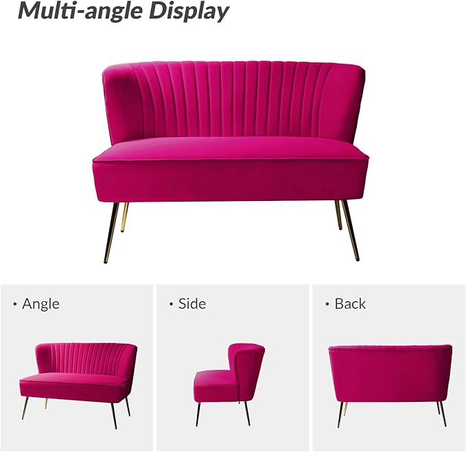 TINA'S HOME Contemporary Velvet Loveseat Sofa, Upholstered Loveseat Couch with Golden Metal Legs, Small Tufted 2-Seat Sofa Armless Love Seat for Living Room, Bedroom, Apartment Small Spaces, Fuchsia