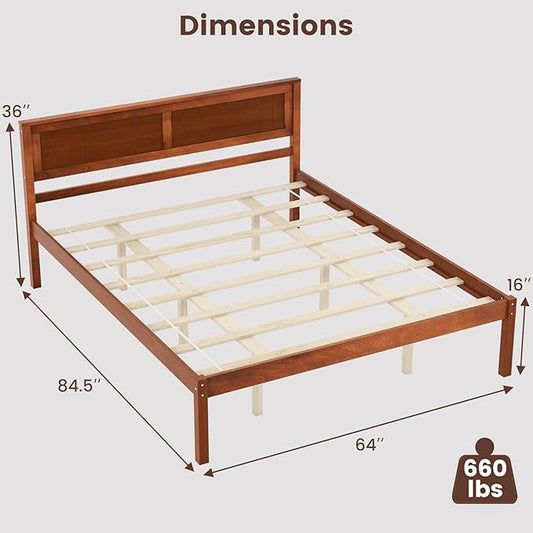 Giantex Queen Wood Platform Bed Frame with Headboard, Mid Century Queen Bed Frame with Wood Slat Support, Solid Wood Foundation with 16" Under Bed Storage, No Box Spring Needed, Easy Assembly