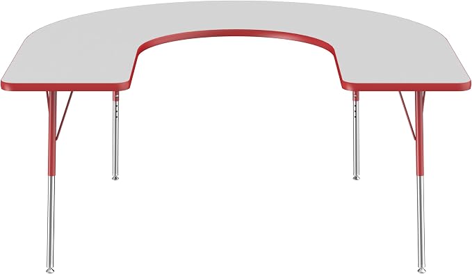 FDP Horseshoe Activity School and Office Table (60 x 66 inch), Standard Legs with Swivel Glides for Collaborative Seating Environments, Adjustable Height 19-30 inches - Gray Top and Red Edge