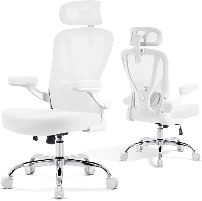 Office Chair Ergonomic Office Chair with Lumbar Support, Head Support, Rocking Function, Flip-up Armrests, Home Office Desk Chair, Suitable for Home, Office, White, 1 Pack
