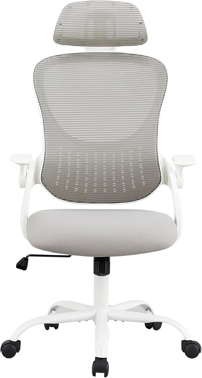 DUMOS Ergonomic Office Chair – High Back Mesh Computer Chair with Lumbar Support, Headrest, Flip-up Arms, and Swivel Wheels – Comfortable Gaming & Desk Chair for Home Bedroom Office,Grey