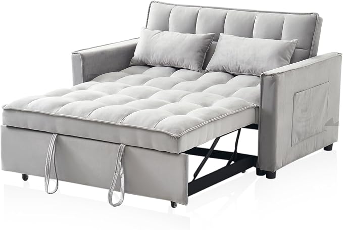 3-in-1 Loveseat Sleeper Sofa, Modern 55.5" Pull Out Couch, Velvet Upholstered Futon Sofa Bed with Adjustable Backrest, Convertible Sofa Bed with Storage Pockets for Living Room(Light Grey)