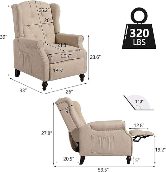 Wingback Chair with Massage and Heat, Tufted Fabric Pushback Recliner Chair, Wingback Recliner Chair with Remote Control, Padded Cushion, Wooden Legs, Small Recliners for Small Spaces