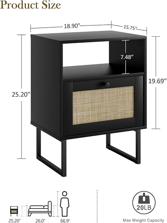 Masupu Rattan Nightstand,Boho Night Stand Modern Farmhouse Wood Bedside Table with Storage Drawer and Open Shelf,Side End Table for Bedroom,Living Room,Office Black