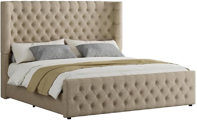 Jocisland Queen Size Upholstered Bed Frame with 6.3-Inch Curved Wingback Headboard, Tufted Footboard, Wood Slats, No Box Spring Needed, Khaki Linen