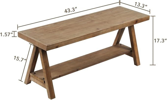 RowyPoey Solid Wood Bench, 43" Farmhouse Entryway Bench for Living Dining Room, Rustic Storage Bench Seat for Indoors, Natural