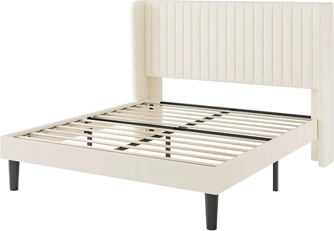 SHA CERLIN Queen Size Velvet Bed Frame with Vertical Channel Tufted Wingback Headboard, Upholstered Platform Bed with Wood Slats, No Box Spring Needed, Easy Assembly, Cream White