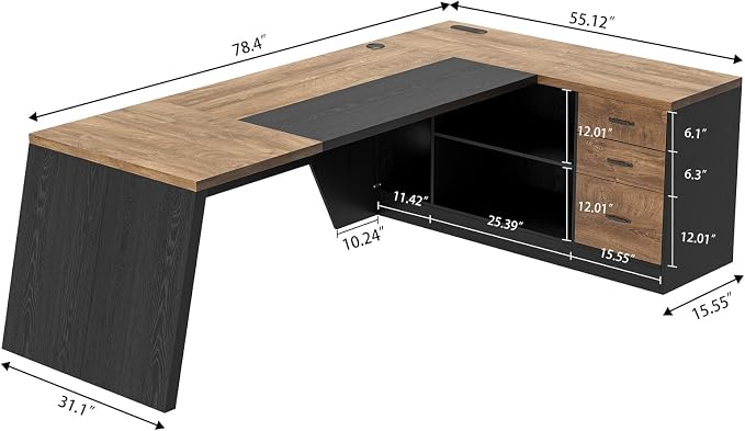 Epecoya L-Shaped Executive Desk with Drawer, Large Modern Home Office Desk with Cord Hold and Power Outlet, Big Wooden Business Furniture with Lateral File Cabinet for CEO Boss, Oak Black