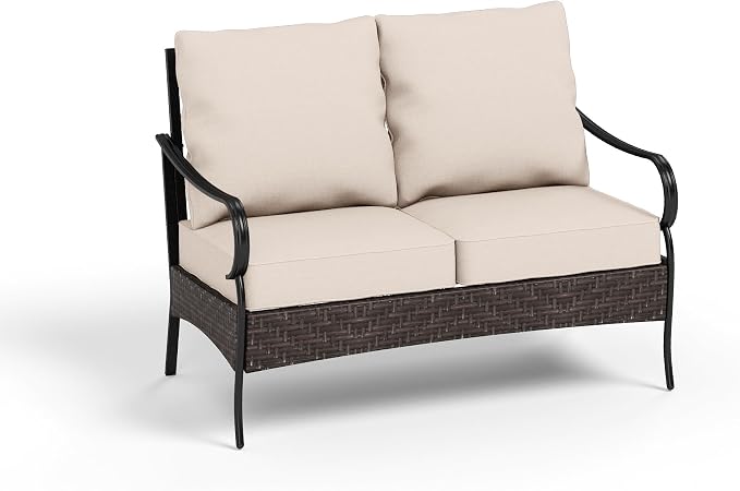 PHI VILLA Wicker & Metal Outdoor 2-Seat Patio Couch,Patio Sofa Loveseat with Deep Seating for Front Porch, Deck, Balcony, Backyard, Sunroom