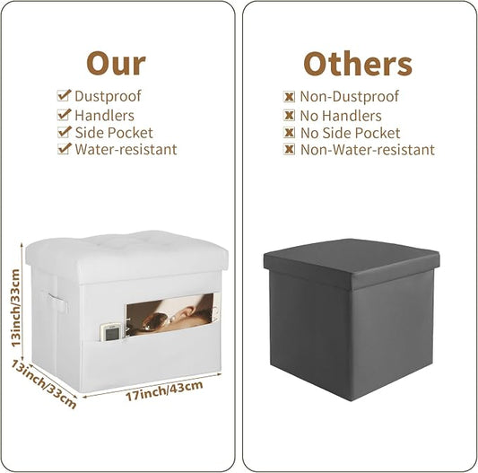 BelugaHelper Ottoman with Storage. Leather Foldable Ottomans with Thick Foam Padded Seat. Foot Rest Stool Storage for Living Room and Bedroom. Side Pockets and Handles Designed. 17x13x13in, White
