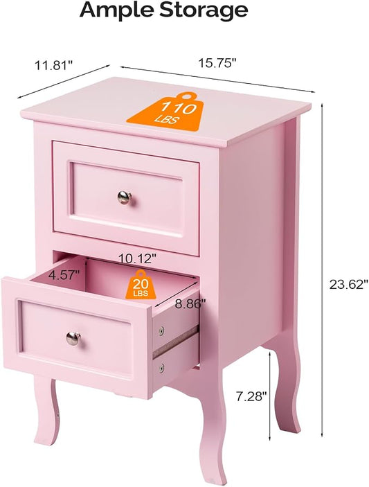 Bonnlo Nightstand with 2 Drawers, Night Stands for Bedrooms, Small Bed Side Table/White Night Stand with Drawers for Small Spaces, College Dorm, Kids’ Room, Living Room, French, 16W x 12D x 24H, Pink