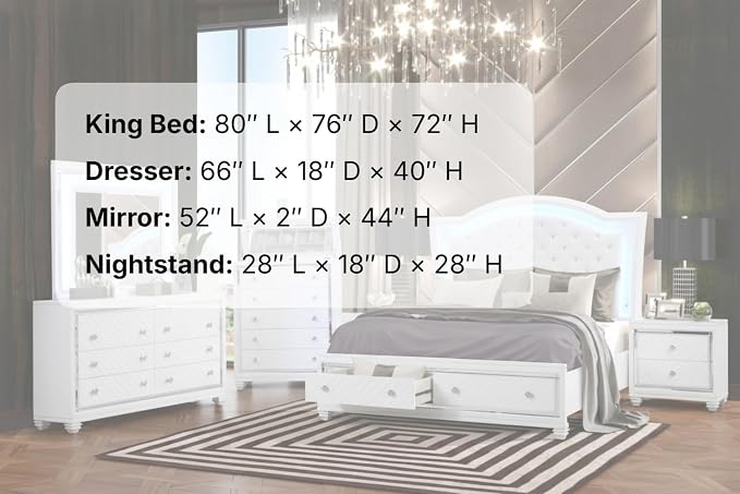 First of a Kind Shiney Contemporary 4 Piece King Bedroom Set High Gloss White Finish with Upholstered Headboard, Sleek Modern Bedroom Furniture Set for Coordinated Interiors
