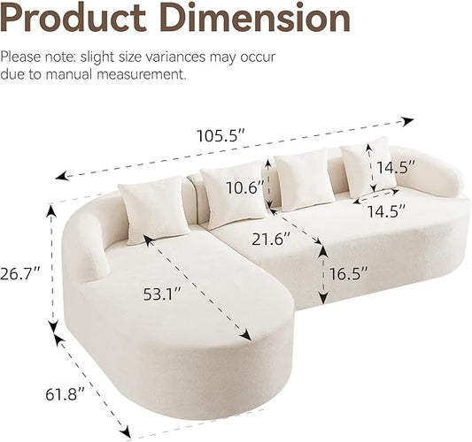 105.5" Boneless Curved Couch, L Shaped 4-Seater Cloud Couch with Deep Seat Chaise, Oversized Curved Sofa, Chenille Modular Sectional Couches for Living Room, No Assembly, Beige