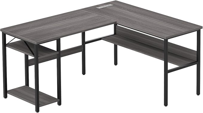 Unikito Reversible L Shaped Desk with Magic Power Outlets and USB Charging Ports, Sturdy Corner Computer Desk with Storage Shelves, Gaming Table Home Office Desk, Easy to Assemble, Enoch Walnut