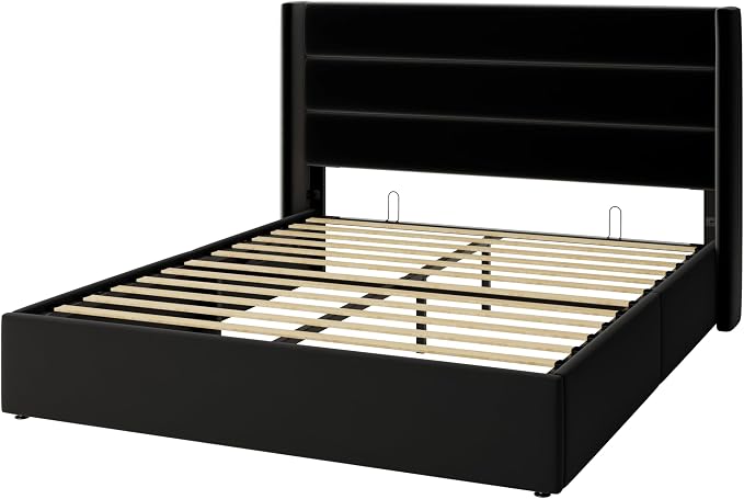 SHA CERLIN Queen Size Lift Up Storage Bed/Velvet Upholstered/Modern Wingback Headboard/Upholstered Platform Bed Frame/Hydraulic Storage/No Box Spring Needed/Black