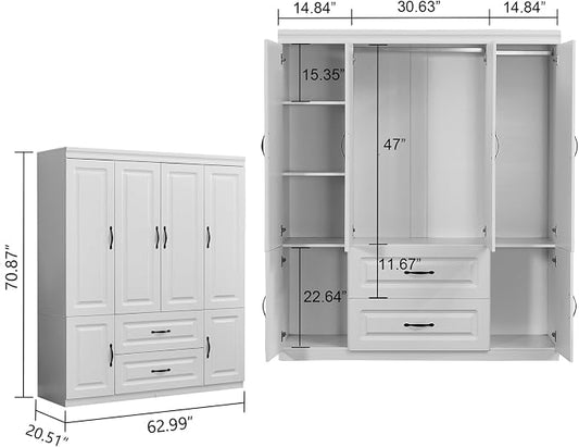 Armoire Wardrobe Closet: White Wood Large Bedroom Armoires Wood Wardrobe Cabinet with 4 Door 2 Drawers Tall Closet with Shelves and 2 Hanging Rail Room