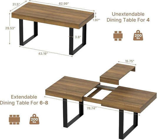 Zevemomo 63"-78.7" Extendable Dining Room Table for 6-8, Expandable Dinner Table Rectangular Kitchen Table Farmhouse Wooden Dining Tables for Dining, Kitchen, Office, Living Room, Space Saving-Brown