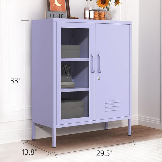 33" Tall Purple Metal Locker Storage Cabinet with Lock Left Glass Door and Right Metal Door 2 Adjustable Shelves Steel Storage Organizer for Foyer Living Room Size:33" H X 29.5" W X 13.8" D