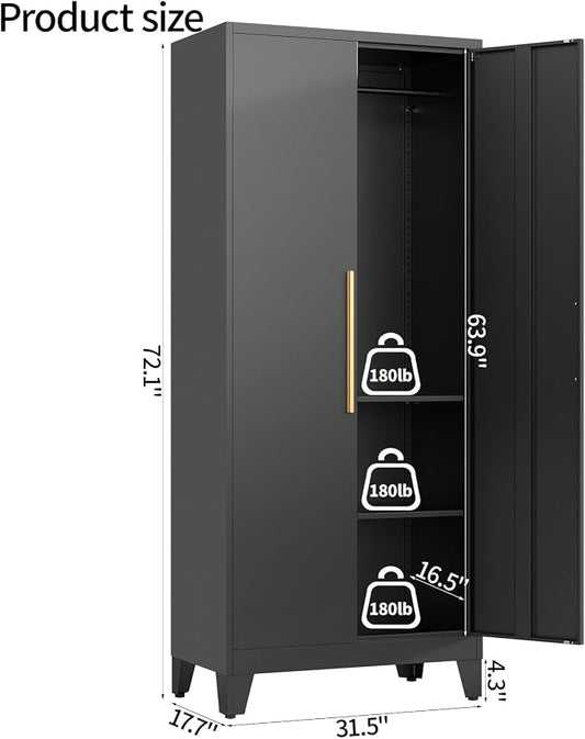 72" Tall Metal Armoire Wardrobe Closet - Large Clothing Storage Cabinet with Mirror Doors, 2 Hanging Rod & Adjustable Shelve - Closet Organizer for Bedroom, Office, Laundry Room, Garage - Green