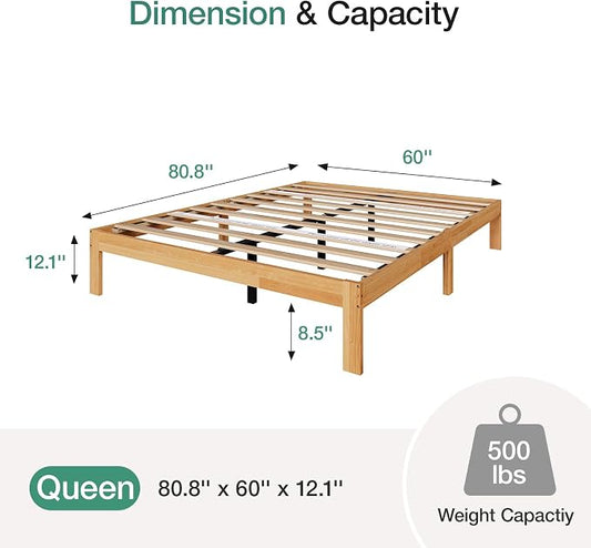 Novilla 12 Inch Queen Bed Frame, Wooden Platform Bed Frame Queen Size, Queen Size Bed Frame Without Headboard, Sturdy Wood Slat Support, No Box Spring Needed, Easy Assembly, Natural Grain Wood