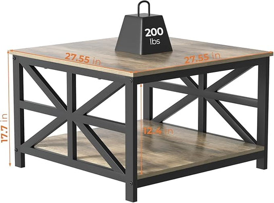 GreenForest Living Room Coffee Table with 2 Tier Storage | X Metal Frame Square Center Table with Seamless One-Piece Tabletop,27.55 inch Sofa Table,Scratch-resistant,Gray Wash
