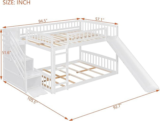 RUNNA Full Over Full Bunk Bed, Staircase with Drawers, Slide, Ladder | full over full bunk bed, staircase with drawers, convertible slide and ladder, solid pine wood, guardrails, no box spring