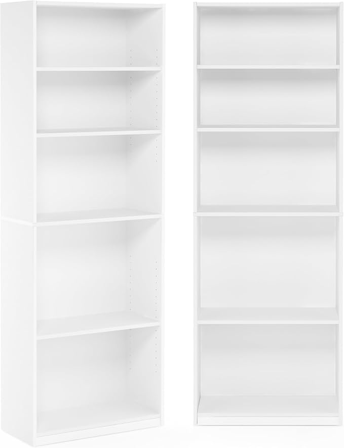 Furinno Jaya Book Shelf Set of 2, 5-Tier Bookshelf, Bookcase, with Adjustable Shelf, 9.5 x 24.5 x 71, for Home Office, Living Room, White
