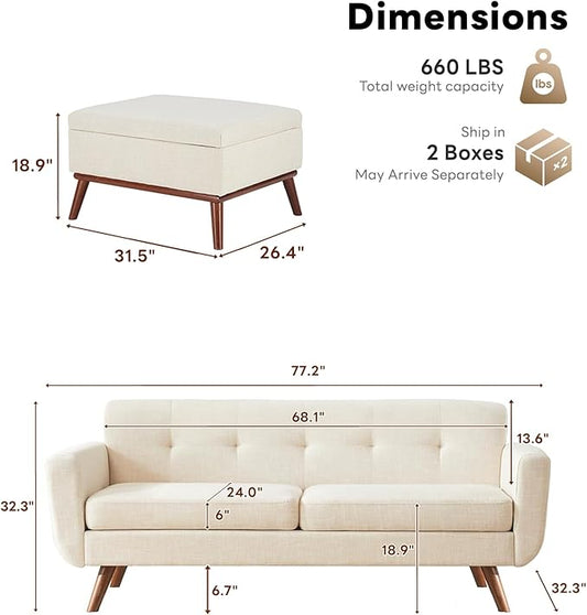 Tbfit Mid Century Modern Sofa, Loveseat Couch, Beige, Standard Sofa & Ottoman | linen fabric