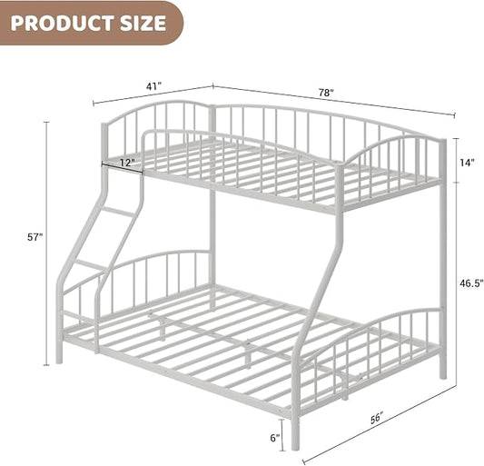 GarveeHome Metal Bunk Bed Twin Over Full, Heavy Duty Bunkbeds Frame with Arched Guardrail and Safety Ladder, Sturdy Steel Bed for Kids Boys Girls, Space-Saving, No Box Spring Needed, White