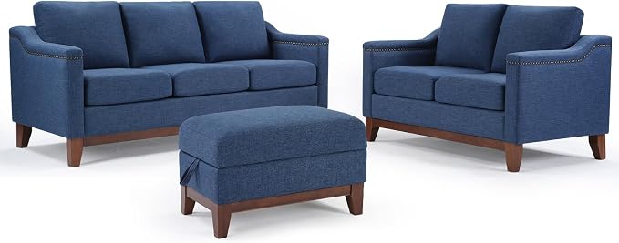 HAOMARKETS Modern 3 Piece Sofa Set with Rivets, Included Fabric Loveseat 2-Seater Sofa, Upholstered 3-Seater Couches with Solid Wood Legs and Storage Ottoman, Living Room Furniture Set,Blue
